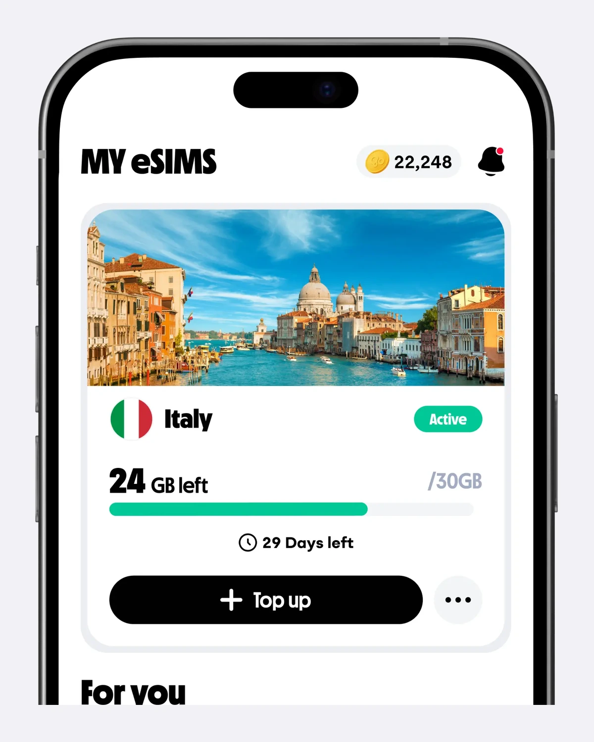 My eSIMs screen with remaining data and top-up
